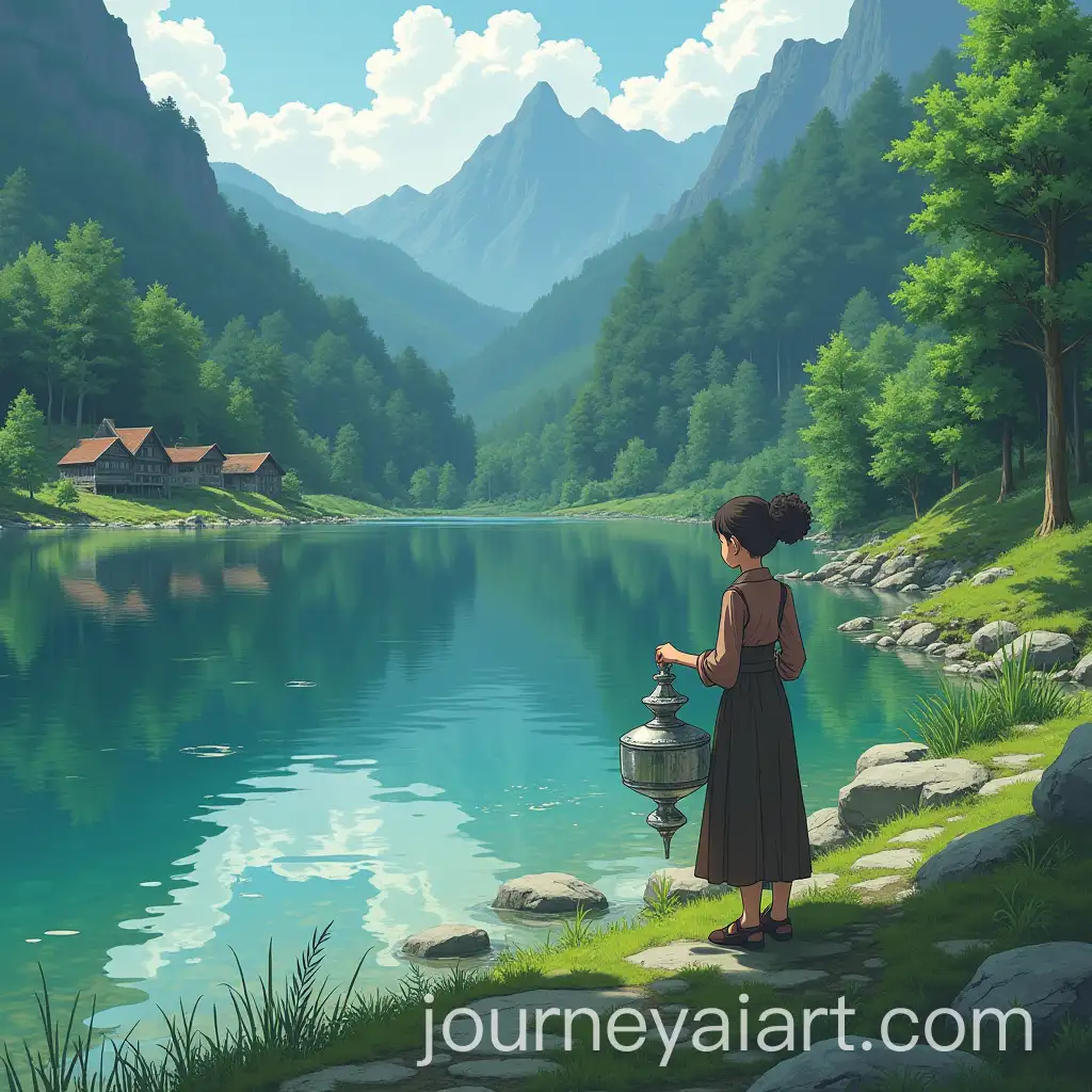 Anime-Character-Holding-Ancient-Silver-Reliquary-by-Lake-Shore-with-Rustic-Houses-and-Forest