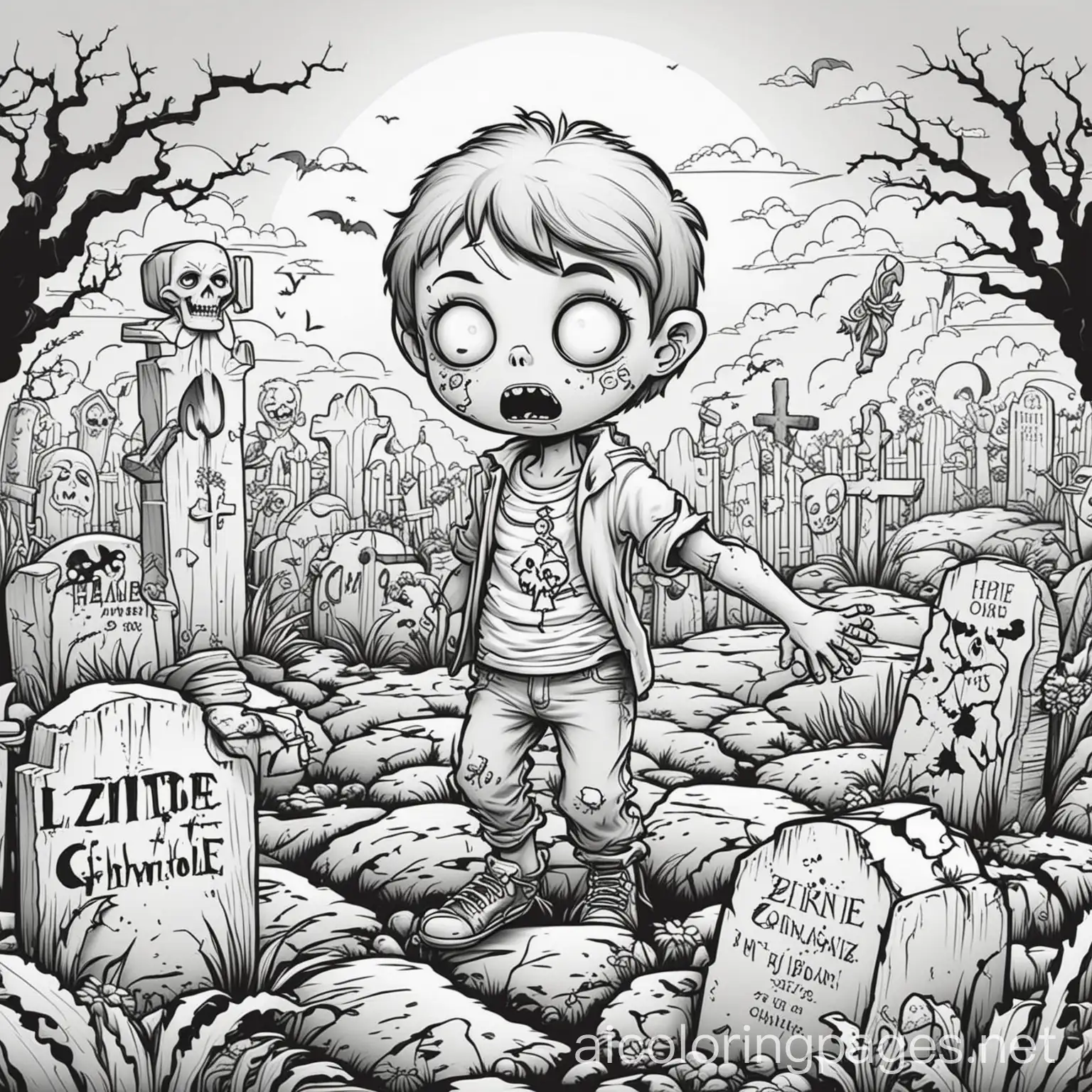 cute zombie in the graveyard, Coloring Page, black and white, line art, white background, Simplicity, Ample White Space. The background of the coloring page is plain white to make it easy for young children to color within the lines. The outlines of all the subjects are easy to distinguish, making it simple for kids to color without too much difficulty