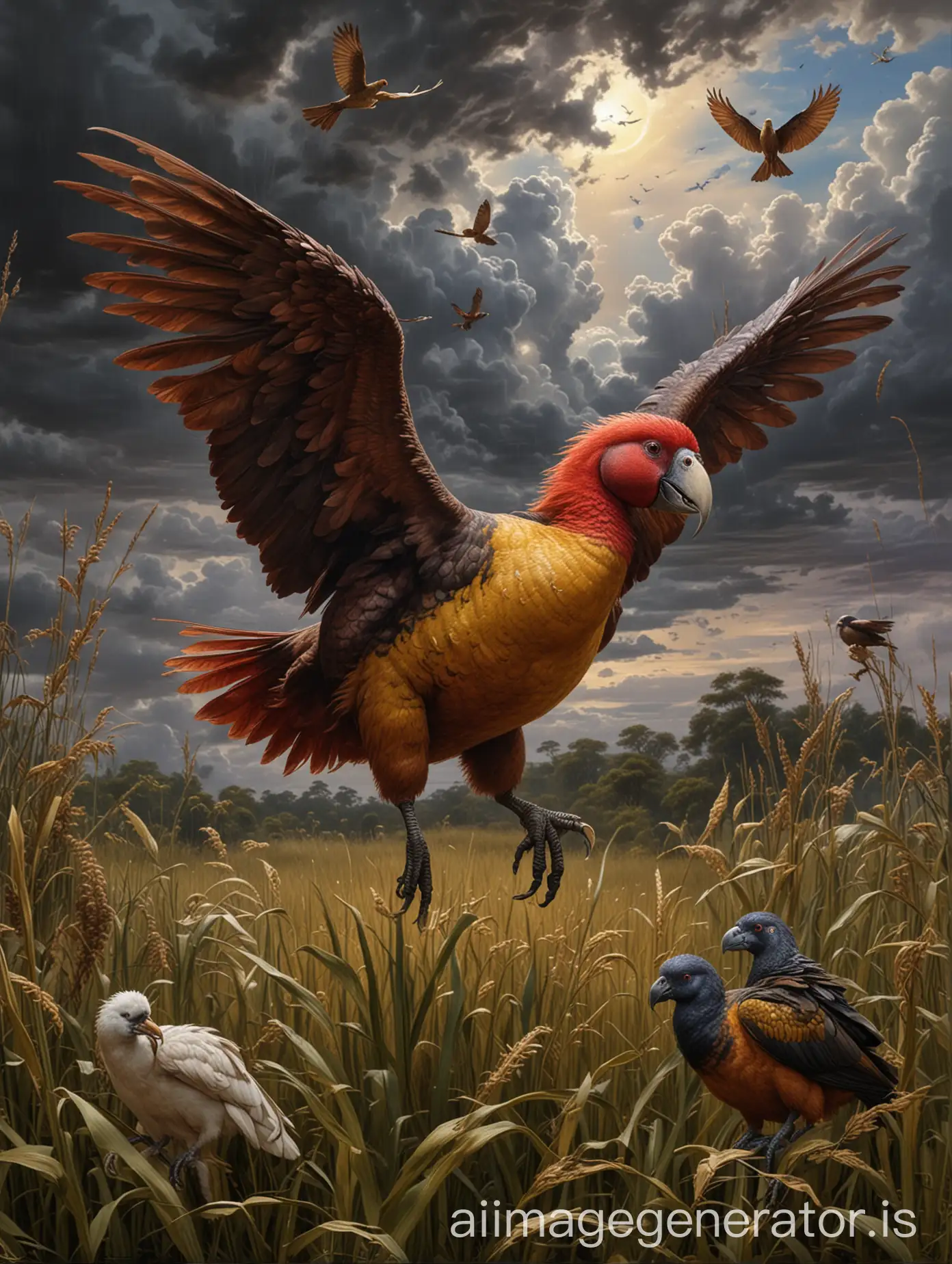 DDodo-and-Parrots-Paintingodo-and-Parrots-in-a-Stormy-Grassland-Scene-with-Dragonfly
