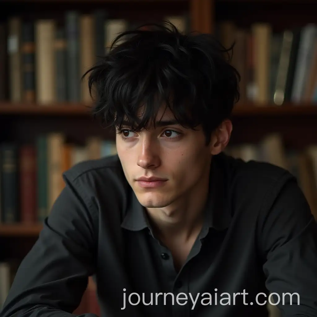 Young-Man-with-Black-Hair-and-Eyes-in-a-Messy-Library