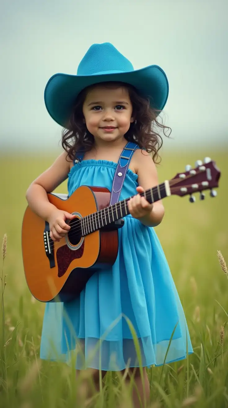 A Full body  portrait of an 3 years old little russian baby girl with a beutiful black dark hair and bright blue cowboy hat in a bright blue dress playing a 'Fender guitar' in a green fields at a concert in a open plane photographic