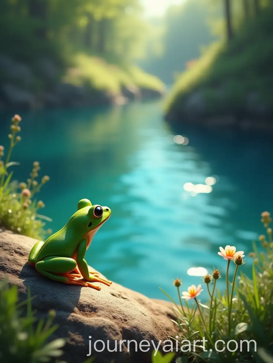 Curious-Green-Frog-on-a-Sunlit-Rock-Overlooking-a-Shimmering-Lake