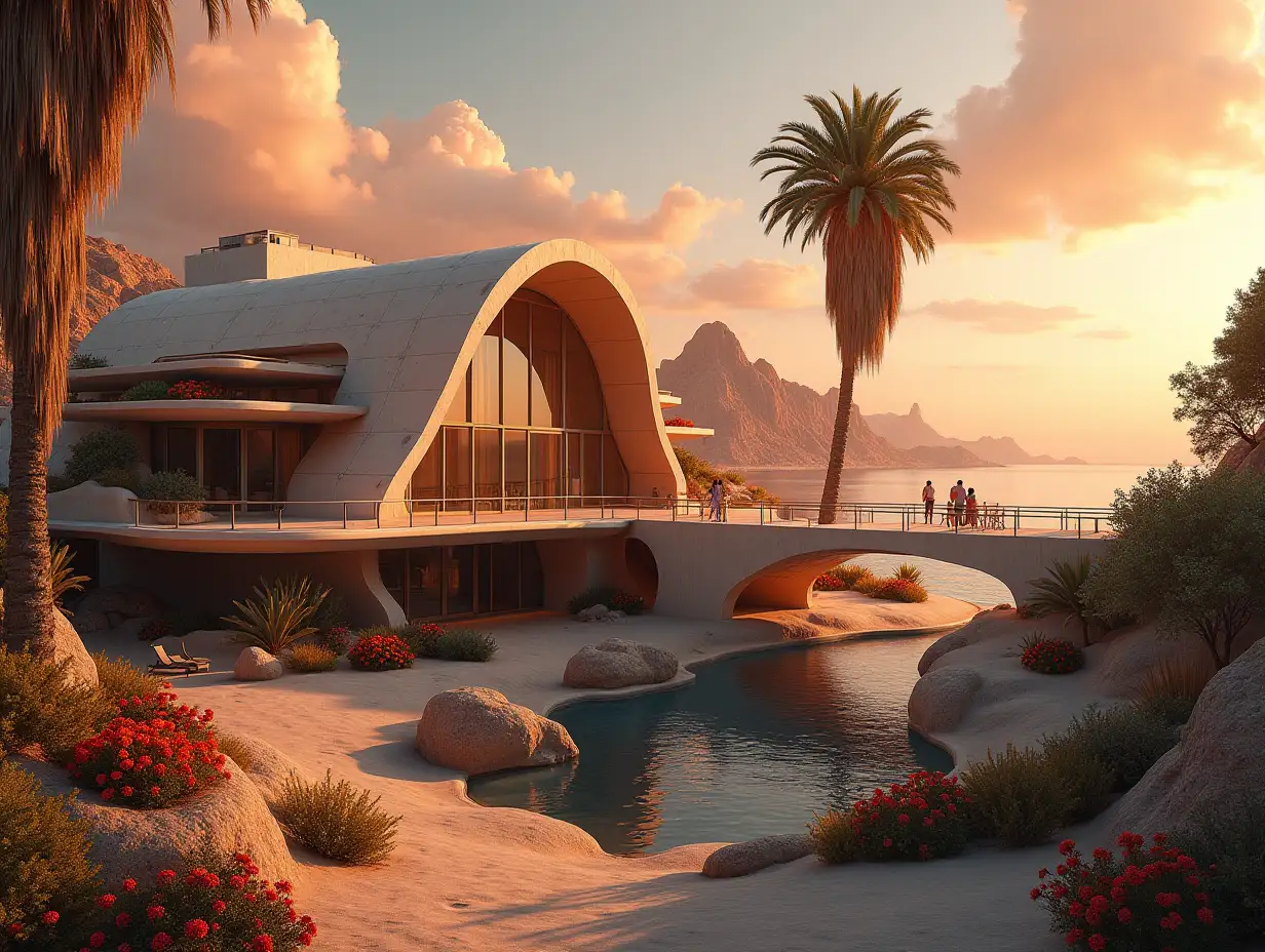 Create a high-resolution, realistic panorama image of a futuristic terrace building with semi-circular window house with bridge, one and people, many plants and colorful flowers White and brown facades in the desert oasis, large trees clouded red sky