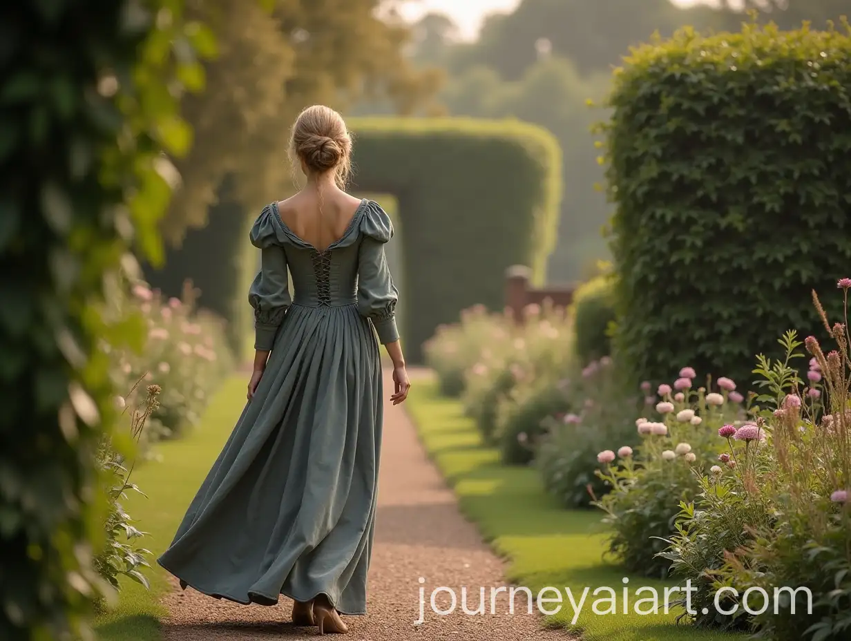 Victorian-Woman-Walking-in-a-Lush-Garden