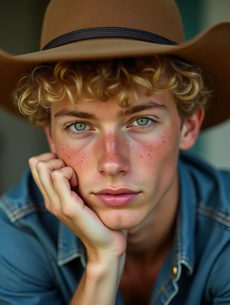 A close-up portrait of an extremely handsome young man with blond curly hair and striking green eyes, wearing a cowboy hat and a denim shirt, resting his face on his hand and looking straight into the camera, in a sunny indoor environment. Style: Photorealistic Lighting: Soft natural light creating highlights on his face Composition: Close-up that fills the entire frame Details: Freckles on his nose and cheeks, detailed texture of the denim shirt and hat, focused gaze Quality: High Detail, 4K, Masterpiece