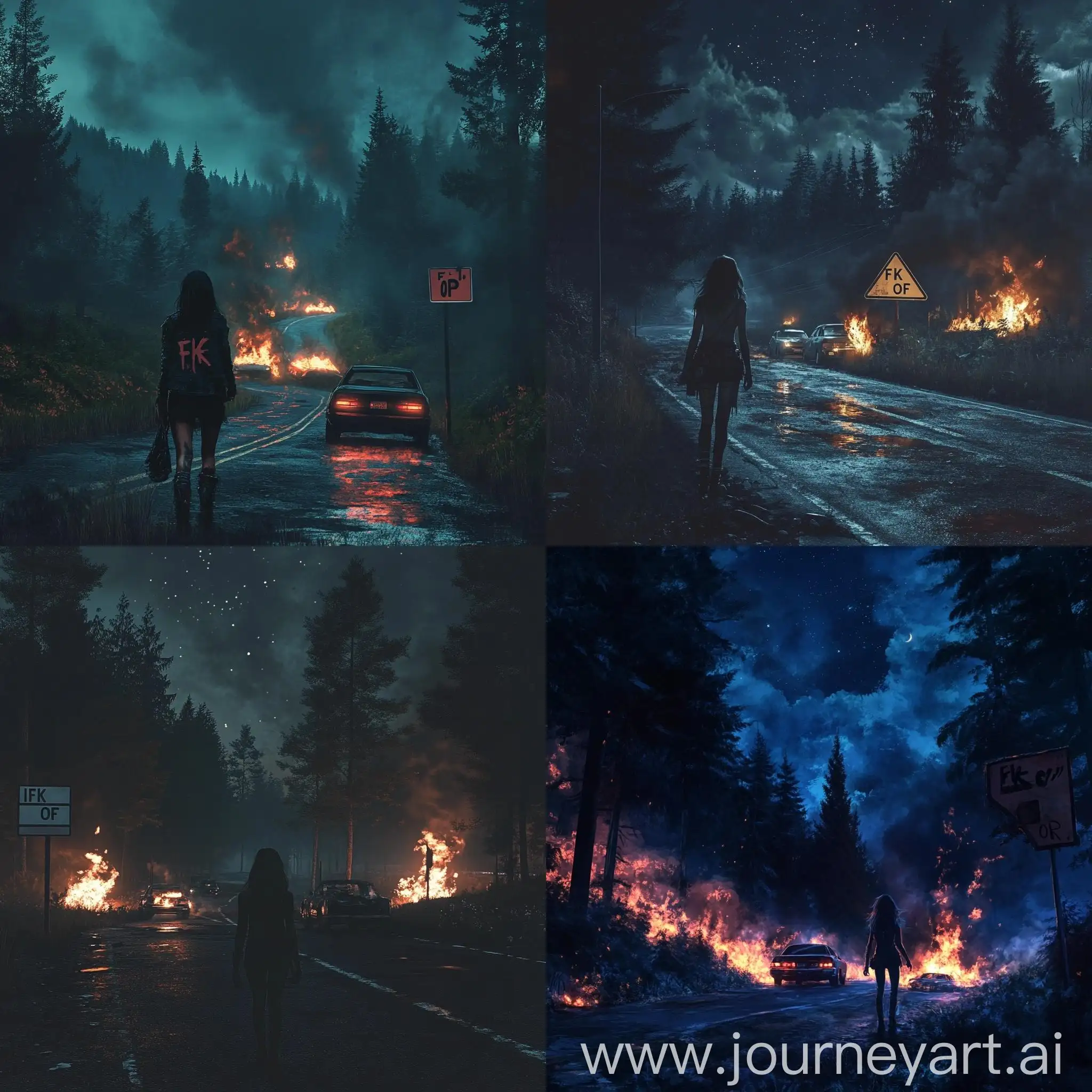 Punk-Girl-Walking-in-Burning-Forest-at-Night