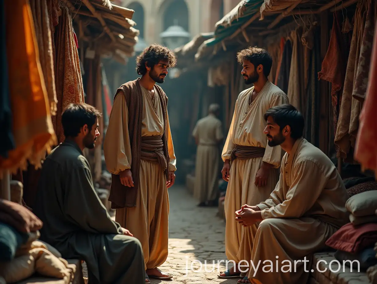 Three-Young-Men-in-Shabby-Clothes-in-an-Arabian-Nights-Fabric-Shop