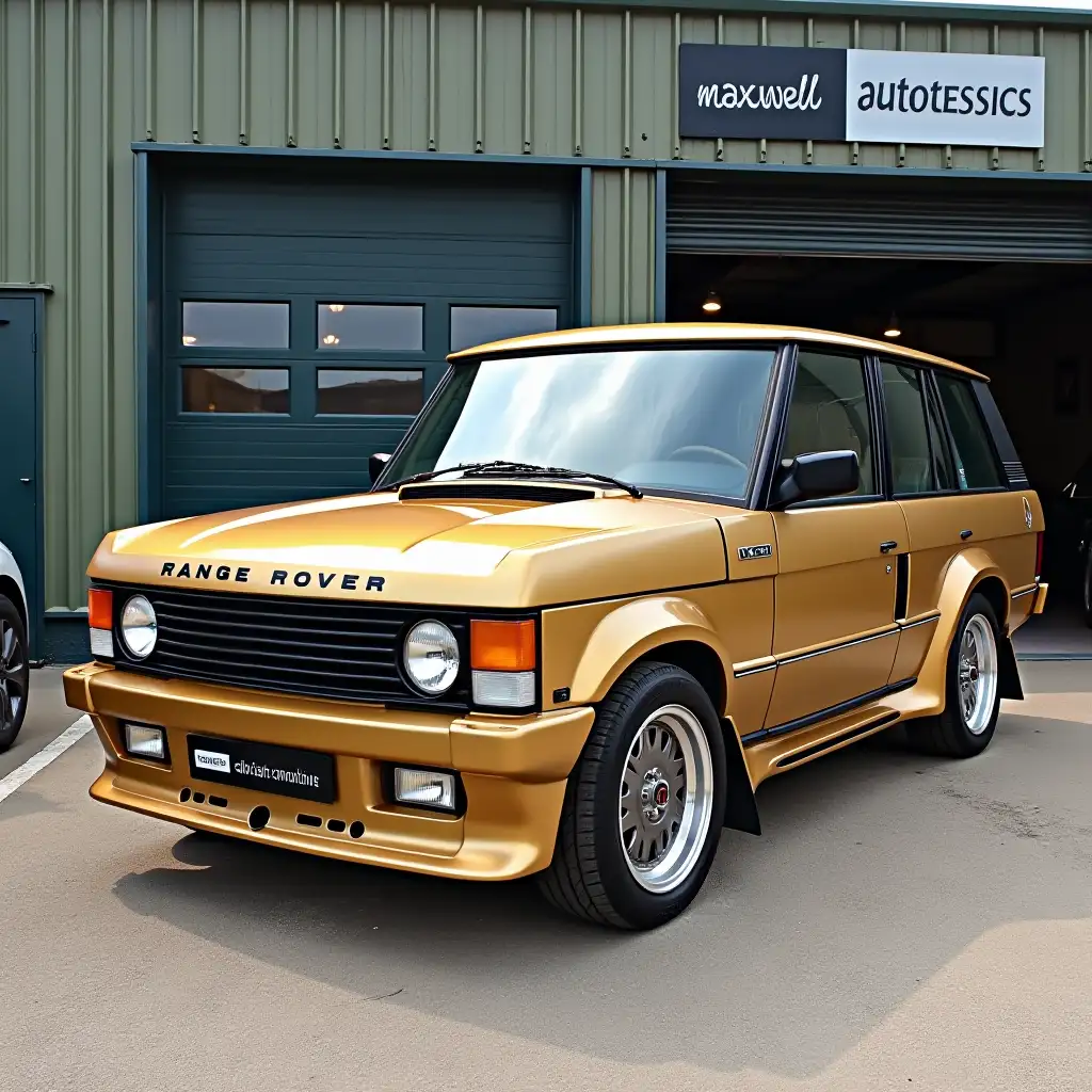 create a sports version of a classic 1980 2 door range rover in gold colour with resto-mod flared wings and alloy wheels and a low front bib spoiler parked in-front of a garage with  and Maxwell-automotive.com branding and a 'land rover classic'  sign