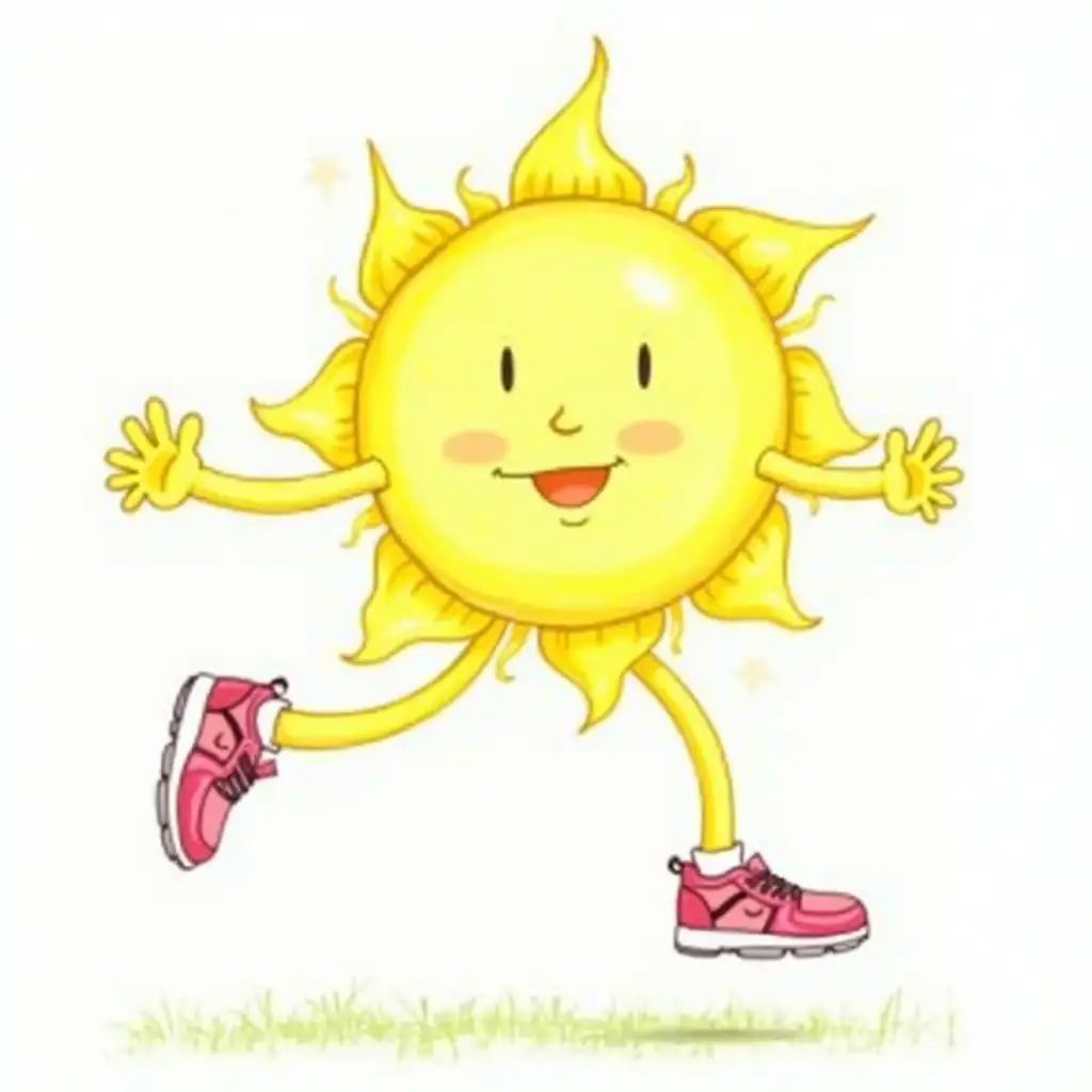 Cartoon Sunshine Jogging in Running Shoes Drawing