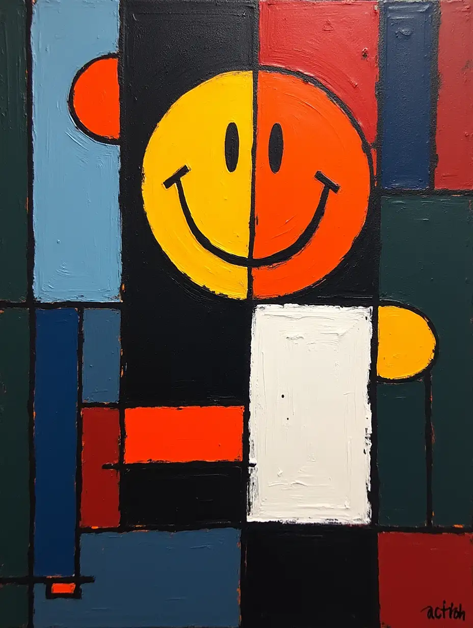 Checkerboard pattern, stripe, primitively schematic, minimalism, avant-garde, big smiley face, darkness in the style of Kandinsky, Malevich, minimalism, simplify for a beginner artist with acrylics many colors, constructivism abstract, gloomily