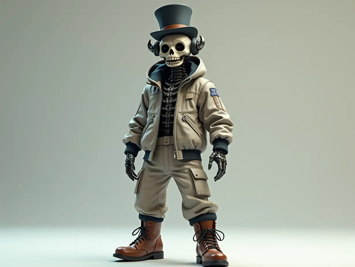 Create a high-resolution, realistic image of a robot with a skeletal body, leather boots and a fashionable tracksuit, a top hat and a horn in 4K resolution