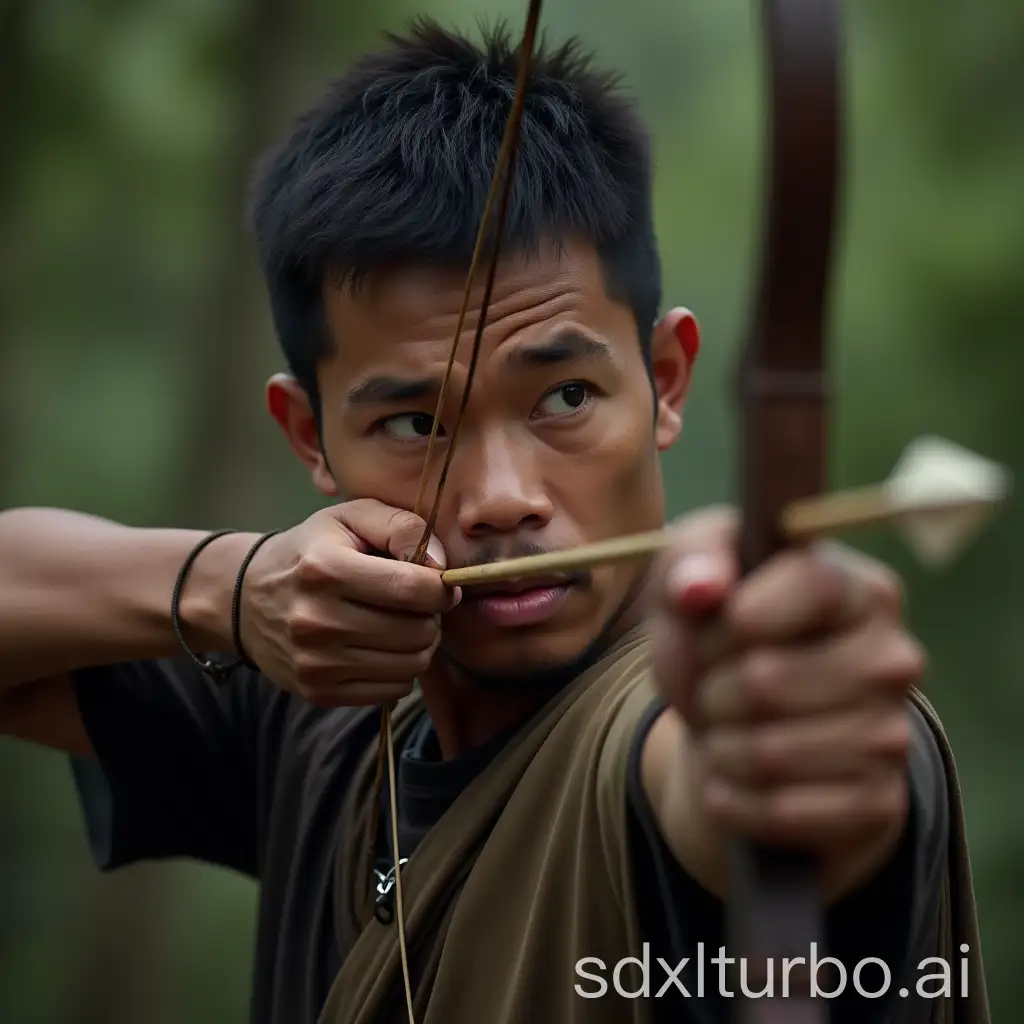 Portrait of an Indonesian man with short hair, aiming a bow and arrow quickly towards the camera. Realistic hd