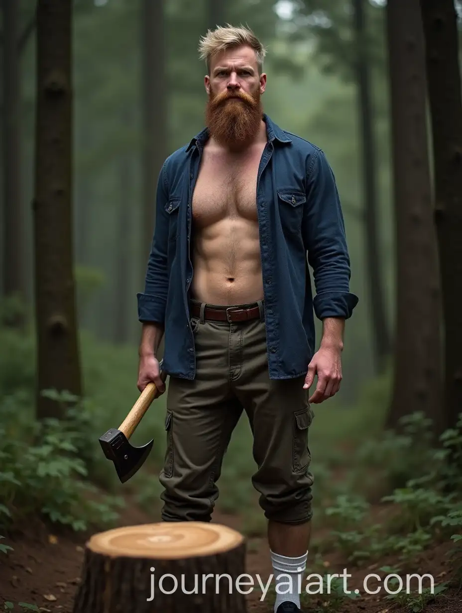 Beefy-Irish-Lumberjack-Holding-Axe-in-Forest-with-Tree-Stump-in-Foreground