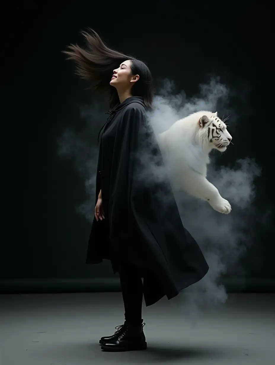 A woman, wearing a dark black cloak, her black hair flying in the air, black leather shoes, surrounded by loose transparent white smoke to form a white tiger coming out of the smoke, black background, the ground is gray reflecting an image on it.