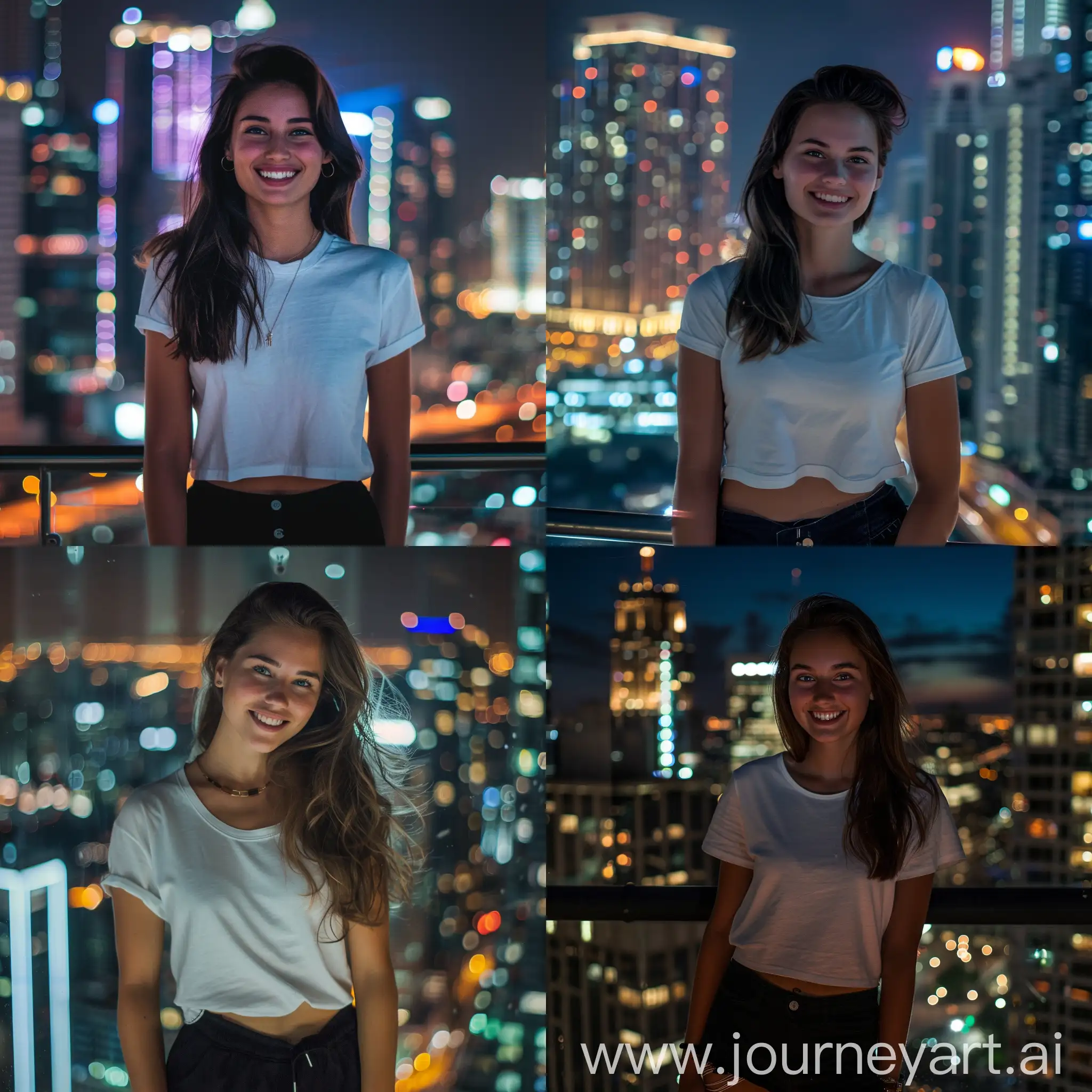 Brunette-Woman-Smiling-in-Front-of-Nighttime-Skyscrapers