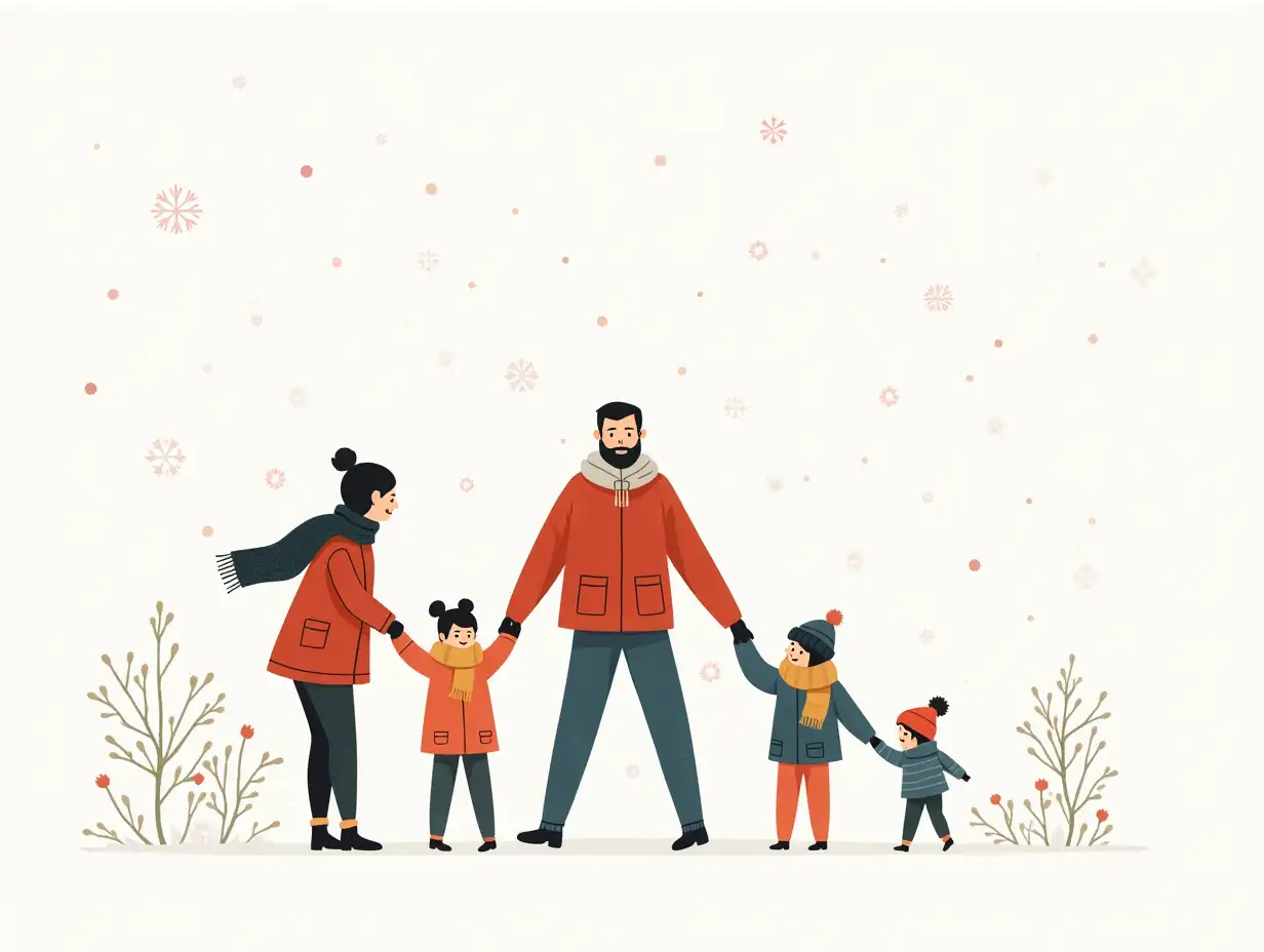 illustration of family in the style of Joey Chou, winter theme, white background