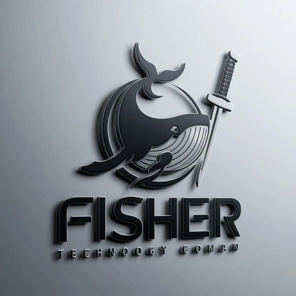 a logo design,with the text "Fisher", main symbol:Whale and katana,complex,be used in Technology industry,clear background