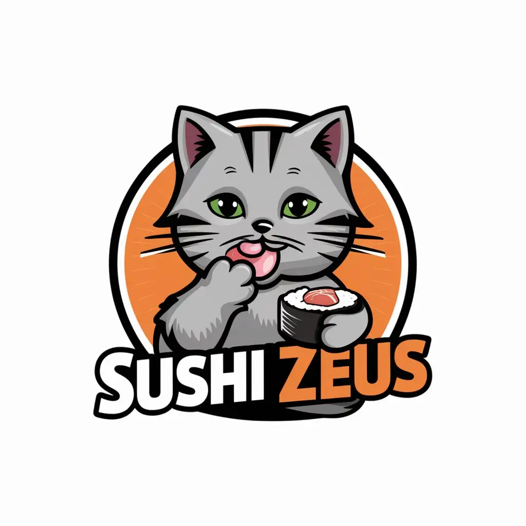 LOGO-Design-for-Sushi-Zeus-Bright-and-Memorable-Vector-Logo-with-Dear-Gray-Kitty-Holding-Sushi-Paw