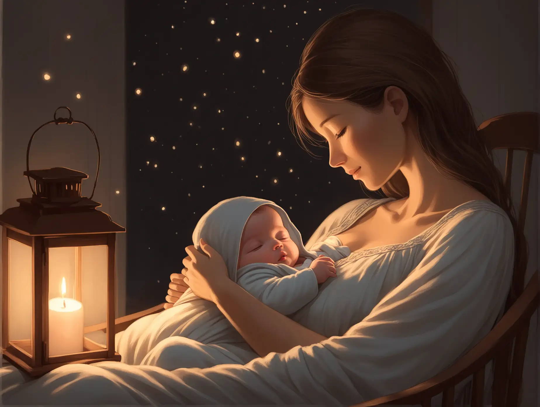 Young-Mother-Singing-Lullaby-to-Infant-in-Cozy-Bedroom-at-Night