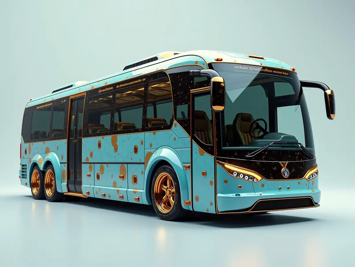 Supermoderne utopische Sportarten Omnibus with Gold and Black Light Blue color with round ornaments, lowered bodywork, 18-inch rims, aluminum wheels, Cream Blue Gold Camouflage, Cyberpunk.