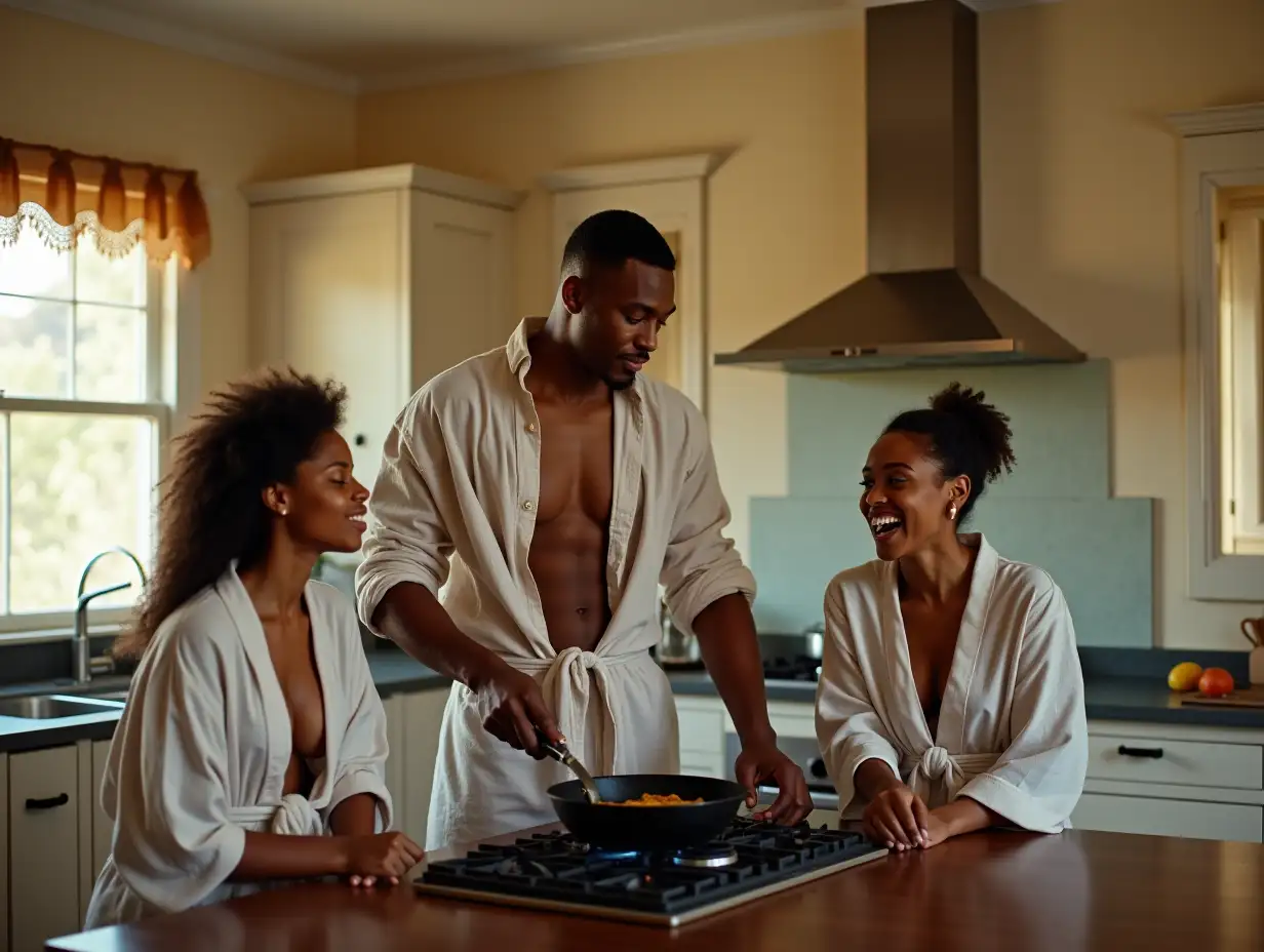 Two-Young-Women-Watching-Butler-Prepare-Breakfast-in-Elegant-Kitchen