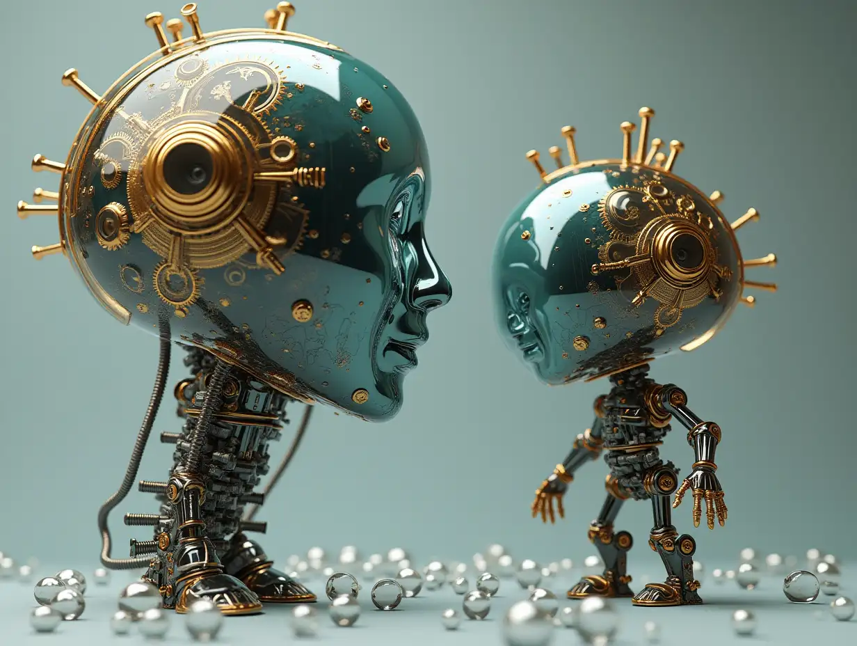 Create a high-resolution, realistic image of artificial intelligence Fractal Robert, two meters tall and a robot one meter tall, with gears on arms and legs, gears on cheeks and a glass head with visible gold plated brain, screws with many gears, and many small glass spheres on the floor in 4k resolution.