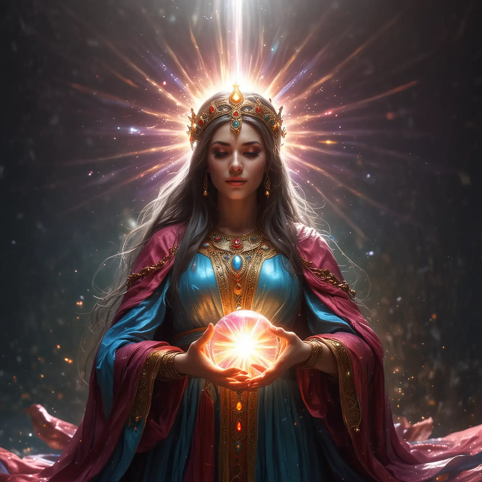 Priestess Queen Holding Colorful Ball of Light with Energy Rays