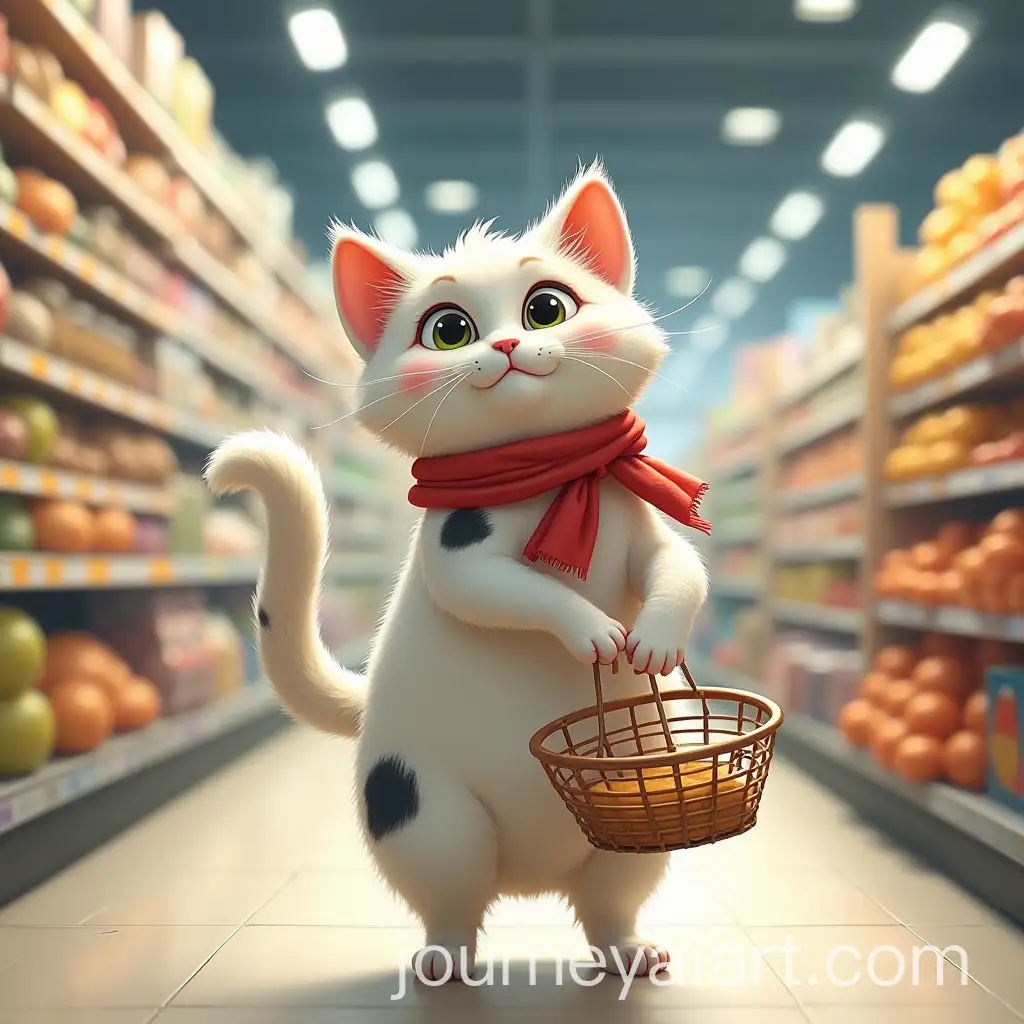 Mischievous-Anthropomorphic-White-Cat-with-Red-Scarf-in-a-Supermarket