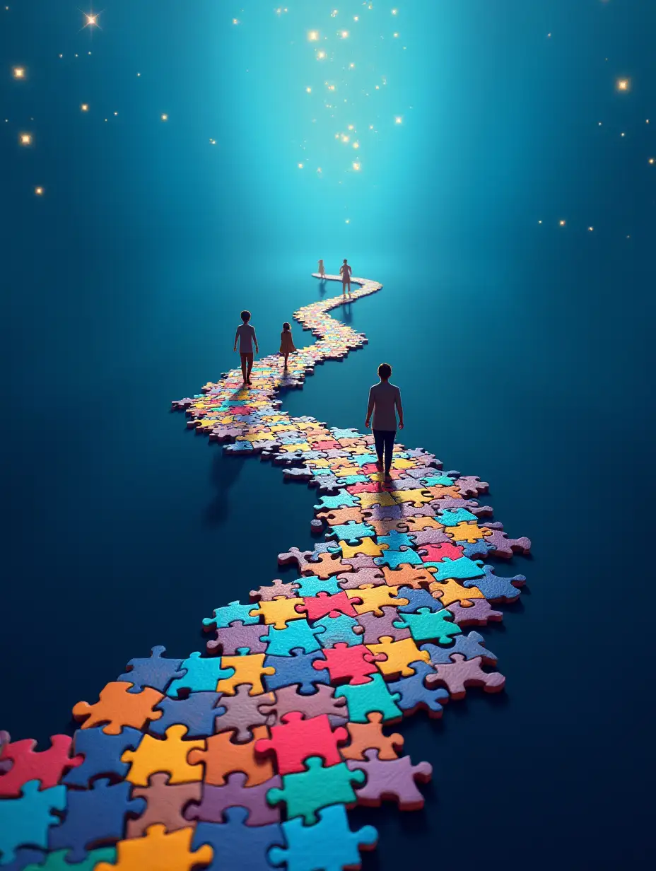 Against a gradually darkening blue background, a winding path made of puzzle pieces extends into the distance, symbolizing the journey of life. Each puzzle piece along the path represents a fragment of time. Three figures appear along the path, seen from behind: nnChild: At the front of the path, full of curiosity and energy. Dressed in bright colors, the child’s steps are light, as if discovering a new world.nnAdult: Midway down the path, standing steady and focused, dressed in muted tones, representing the current state of building and navigating life.nnElder: Further down the path, the elder’s outline is softer, dressed in neutral colors, symbolizing wisdom and peaceful acceptance of the future, moving with a slow, calm stride.nnBackground and Atmosphere: The sides of the path are dotted with warm glimmers, resembling faint stars, symbolizing hope and guidance throughout life. As the path stretches into the distance, the puzzle pieces gradually shift from vibrant to softer tones, enhancing the sense of mystery toward the unknown future.