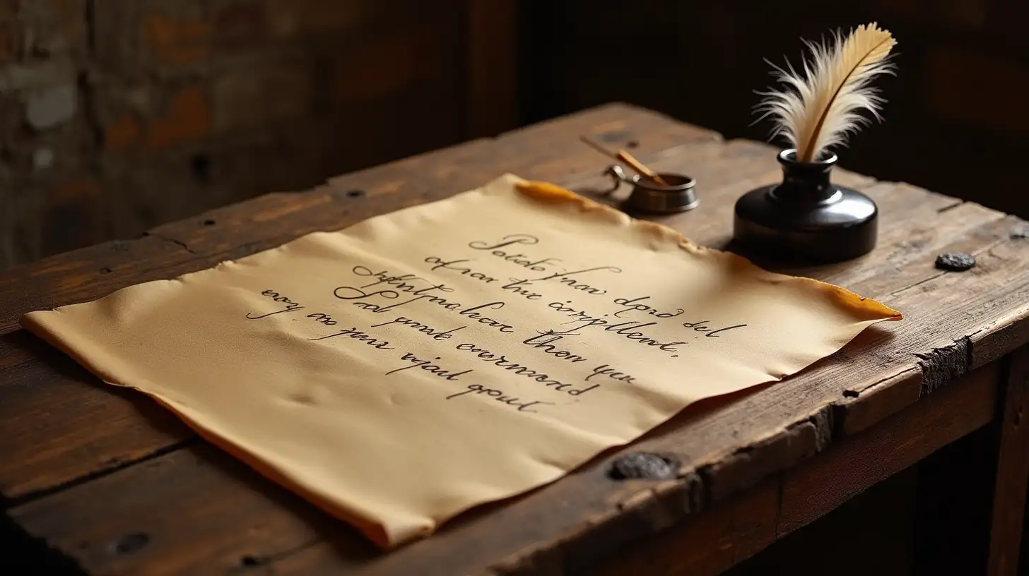 Script Writing on Old Wooden Table with Parchment and Feather Inkwell