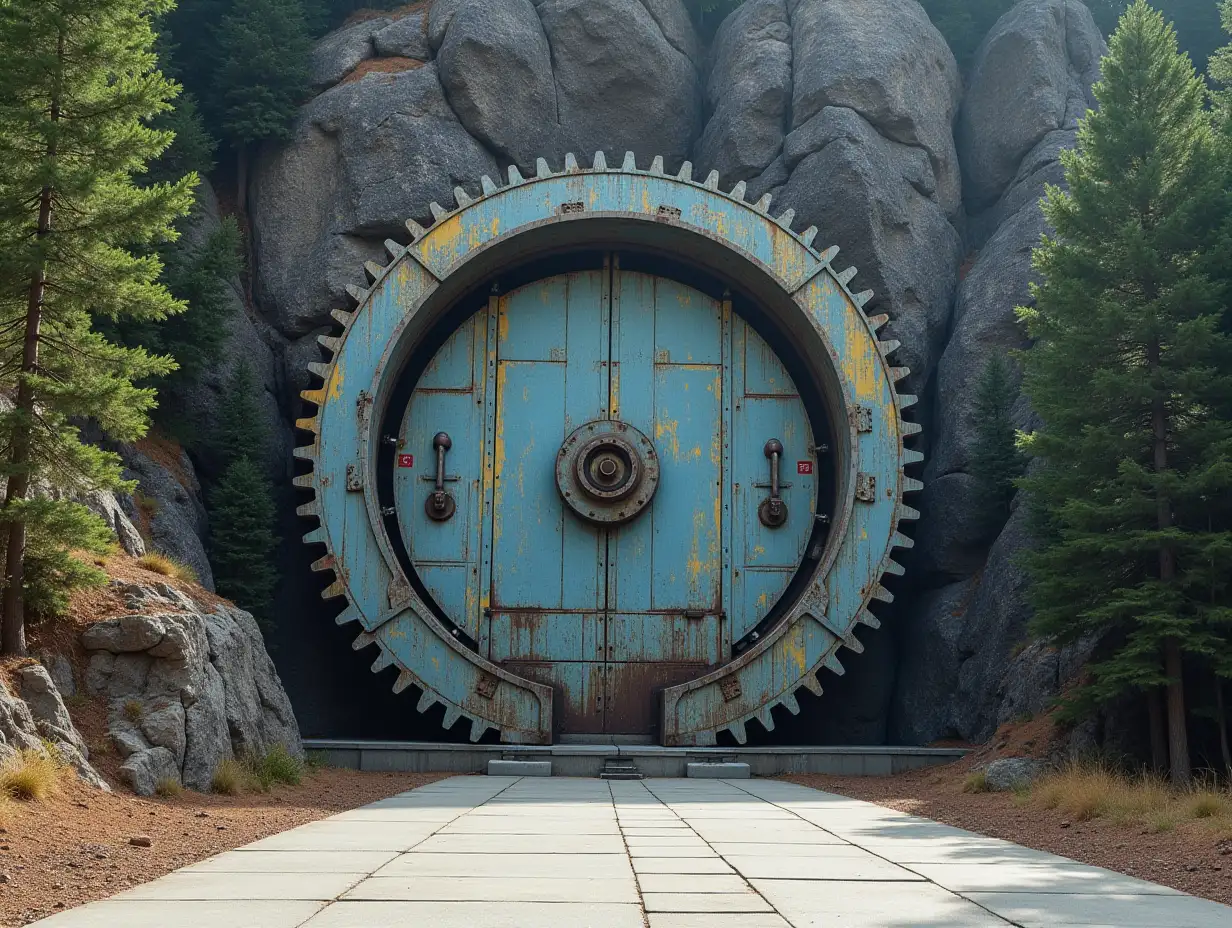 A huge steel door in the shape of a gear is built into the cliff. the door has remnants of blue and yellow paint and the inscriptions “Asylum 33” and “Vault NEC” on it. In front of the door is a newly paved square. The square is flanked by a pine forest.