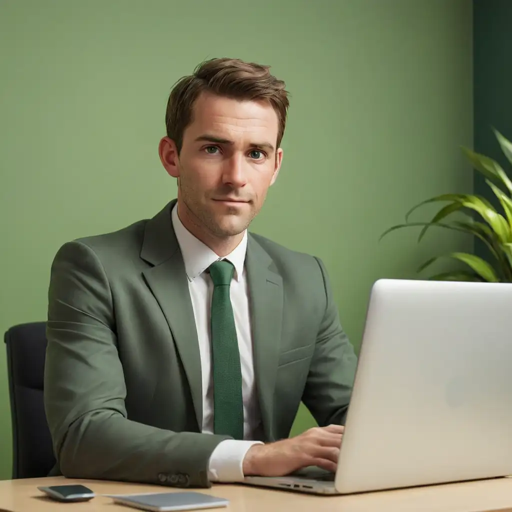 British Businessman at Desk with Laptop Against Green Wall