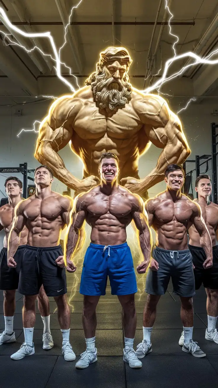 Musclegod college frat brothers receiving superhuman brawn from the gods. Golden electrical glow. Growing Herculean muscles.