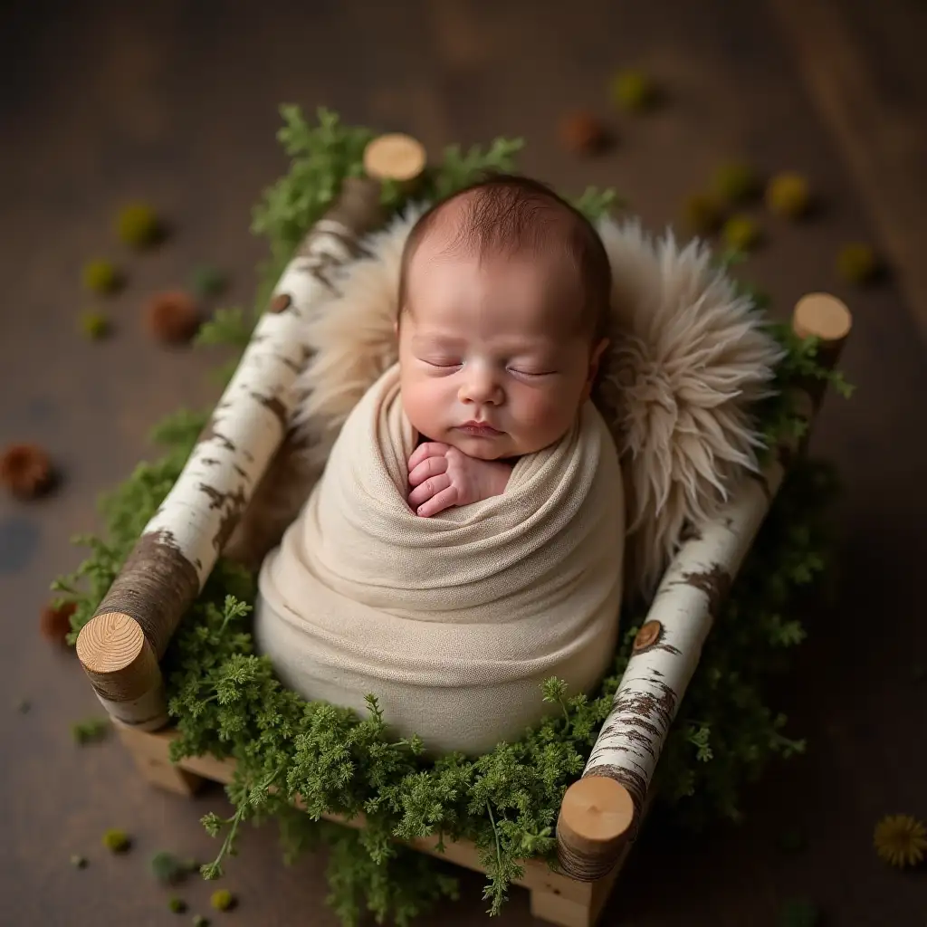 Newborn Infant in a Moss Bed with Birch Wood Frame