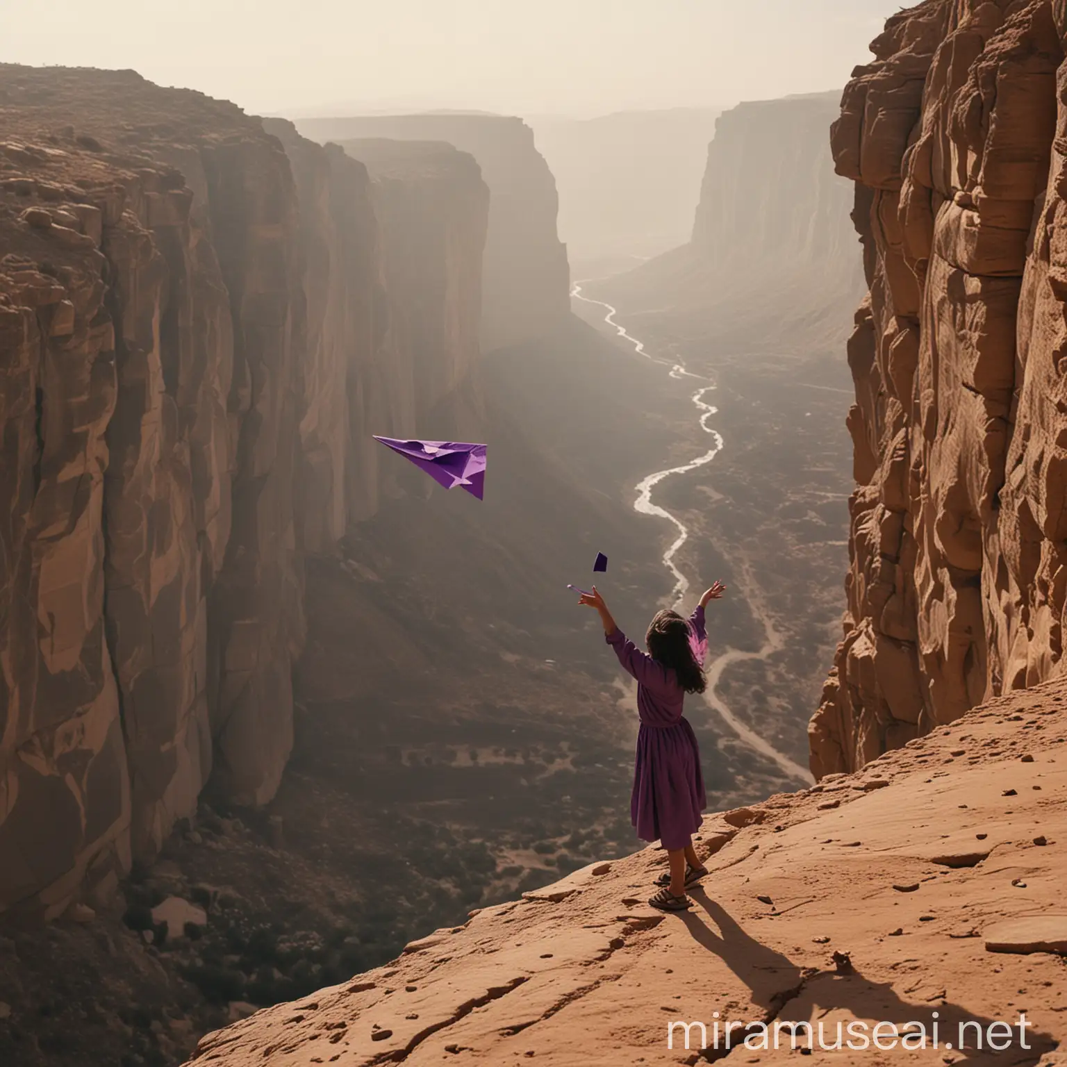 Saudi Girl Throwing Purple Paper Plane off Cliff