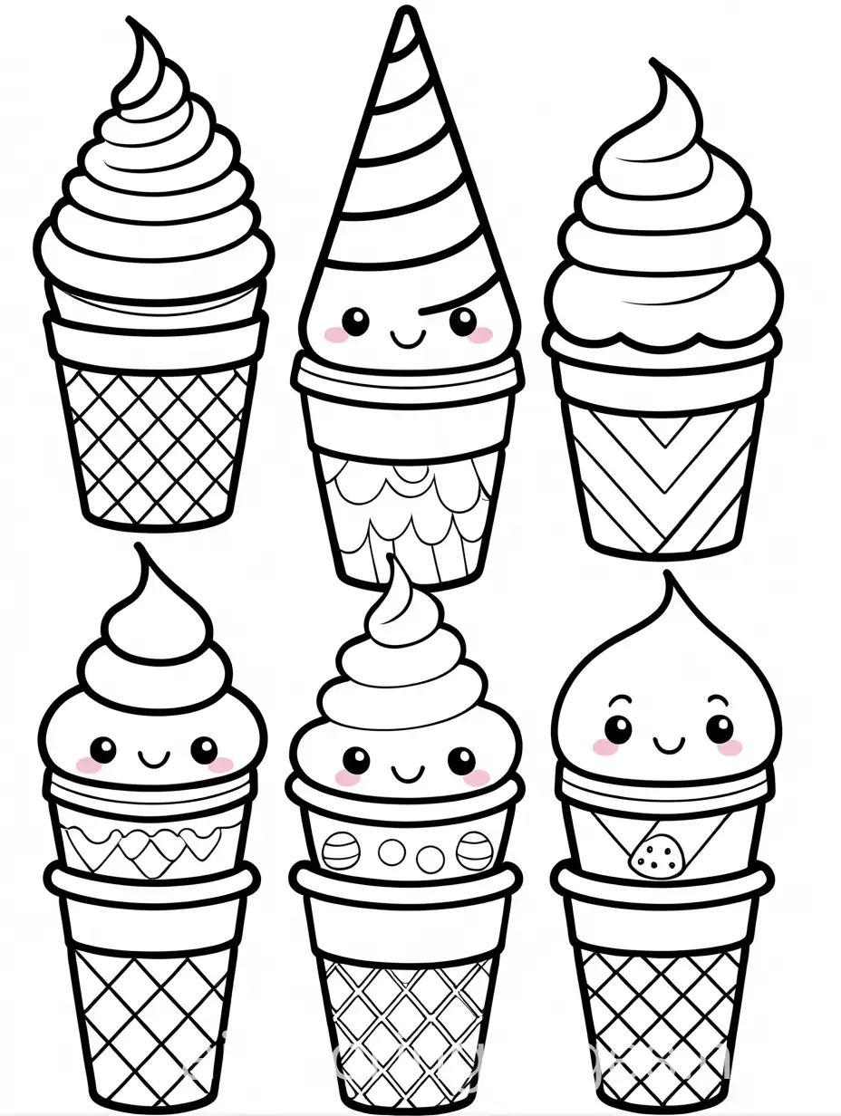 Kawaii-Ice-Cream-Cones-with-Happy-Expressions-Coloring-Page