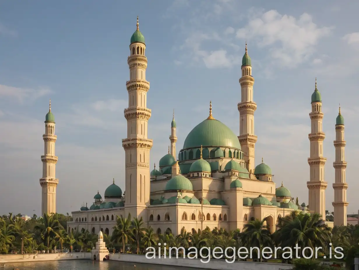 Include classical mosque building, its minarets, and statues representing Islamic culture in Indonesia.