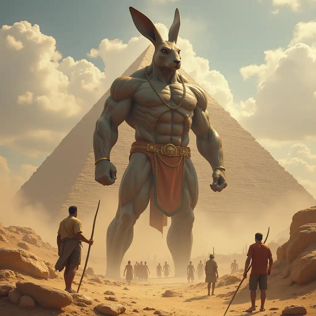 Man titan with rabbit head 10 meters tall with muscles, destroying the Egyptian pyramid with people