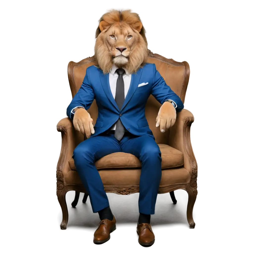 Lion-in-a-Blue-Suit-Sitting-in-Armchair-PNG-Image-with-Transparent-Background