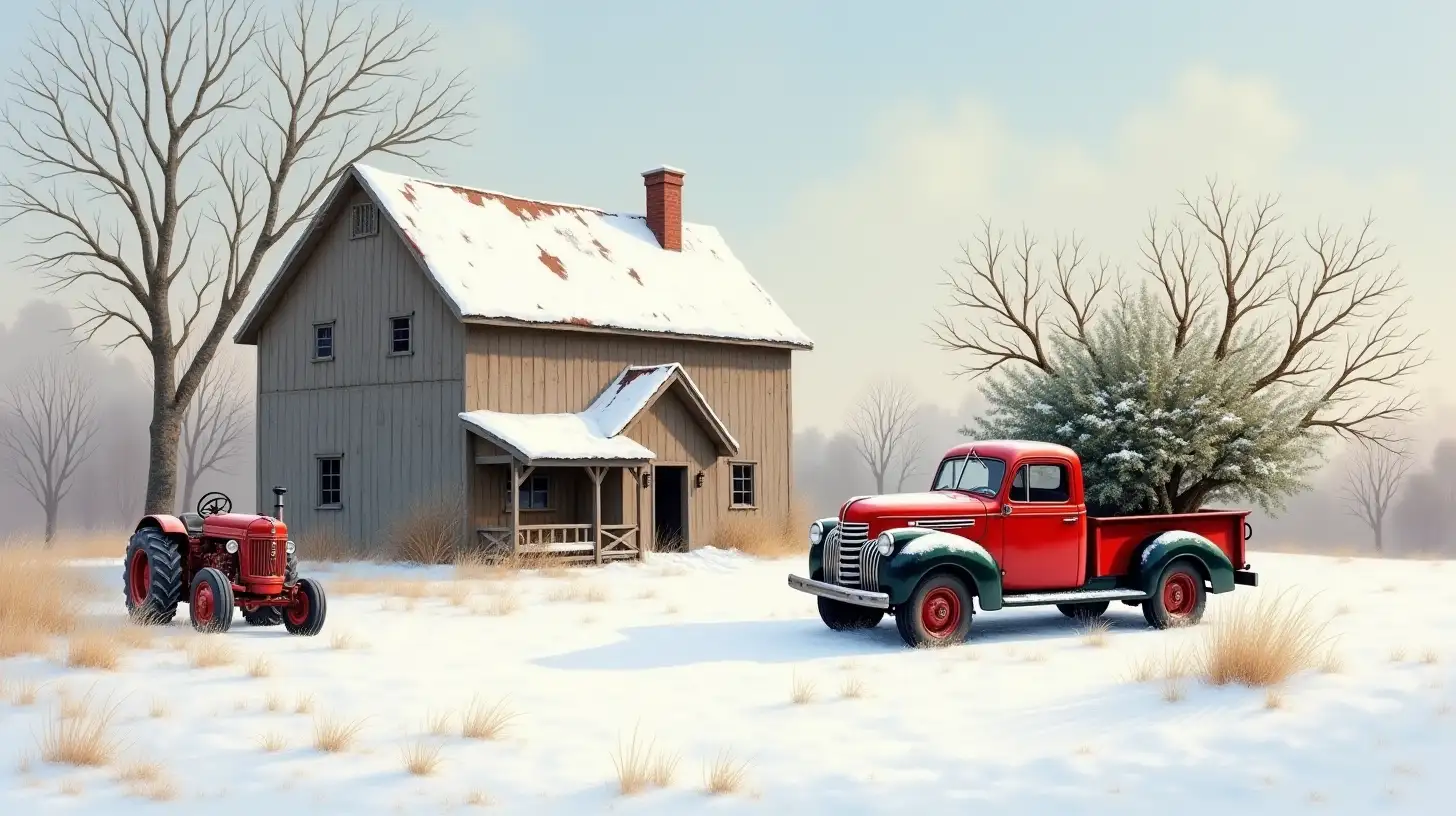 Charming Farmhouse Winter Scene with SnowCovered Grounds and Vintage Truck