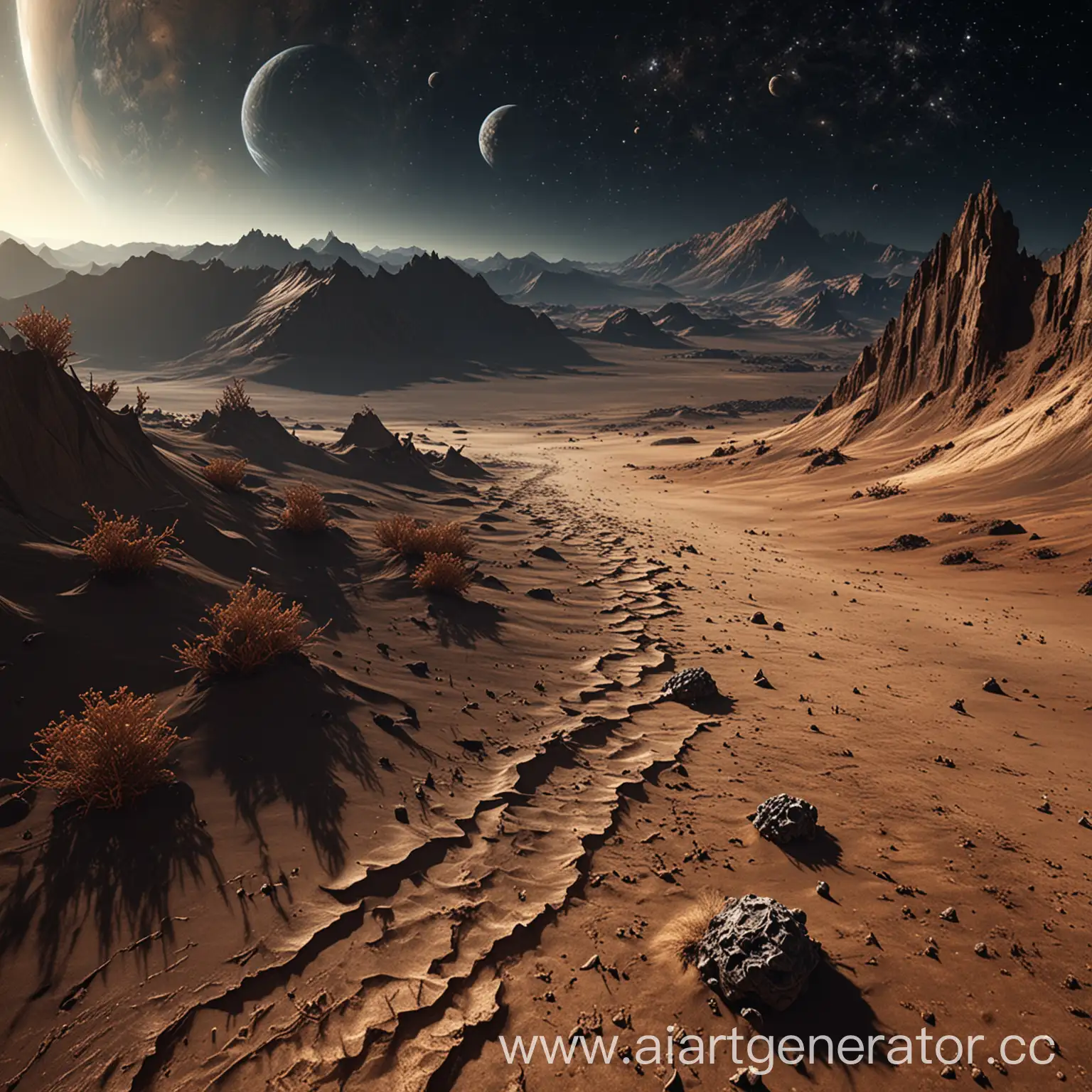 Desolate-Sandy-Planet-with-Mountains-Seen-from-Space