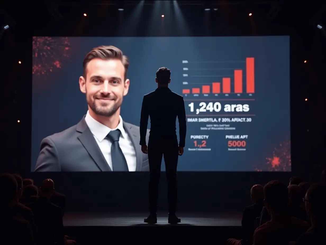 Create an image. A man is standing on stage in a costume. He is being awarded. The man is alone. Behind the man is a large concert screen showing his photograph and some statistics about his work achievements. The man should be standing with his back to the screen