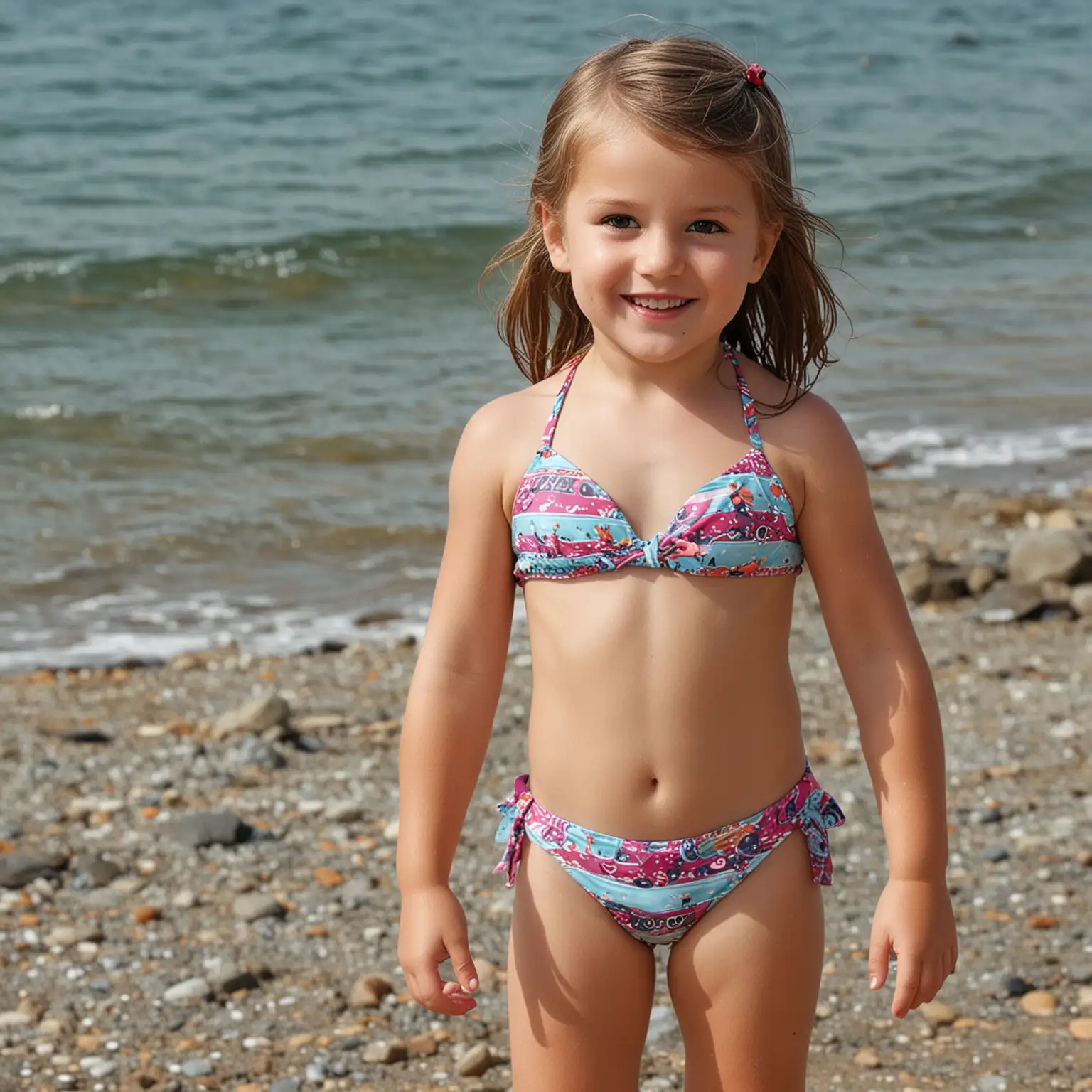 Little-Girl-Wearing-a-Colorful-Bikini-on-a-Beach