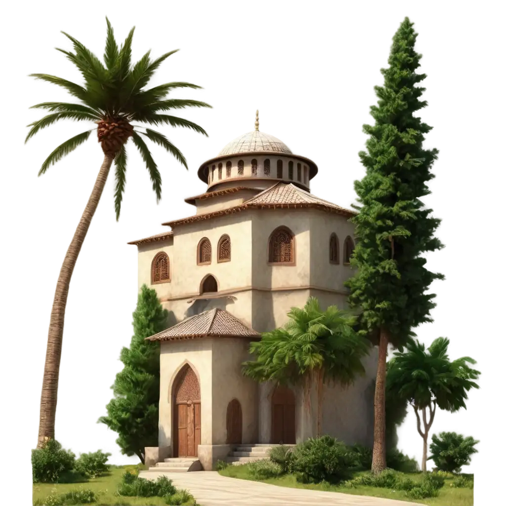 Stunning-Old-Ottoman-Mosque-Exterior-PNG-with-Palm-Tree-and-Hills-for-Enhanced-Visual-Impact