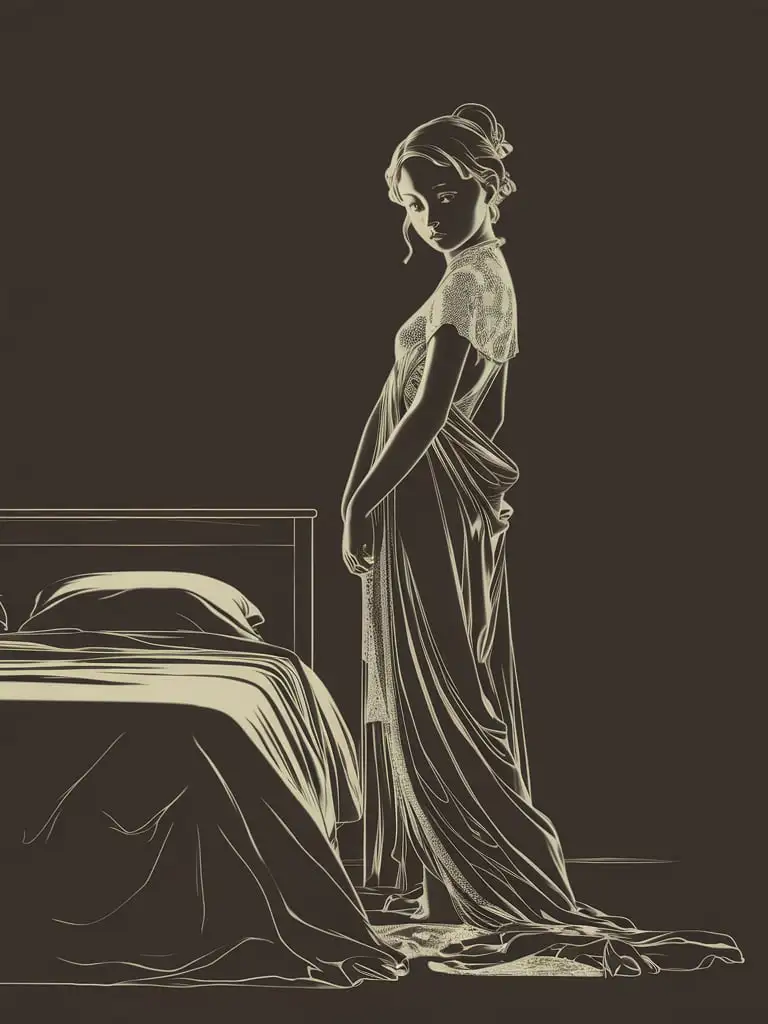 a youth chinese woman in the room beside bed, in the style of art nouv illustrations, flat figuration, captivating gaze, flowing draperies, glistening, graphic illustrations
