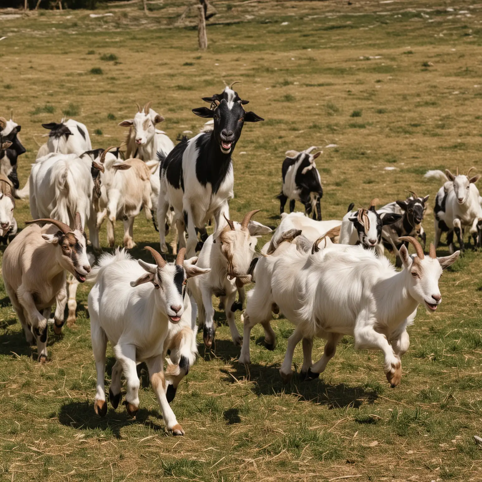 Energetic Herd of Goats Running and Leaping