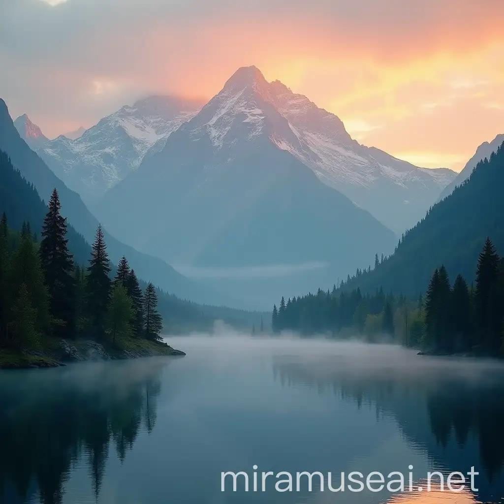 Tranquil Sunrise Over Mountain Lake with Mist and Green Trees