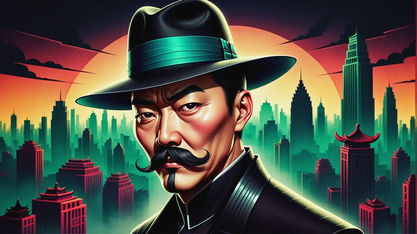 Sinister Chinese Man in Art Deco Cityscape