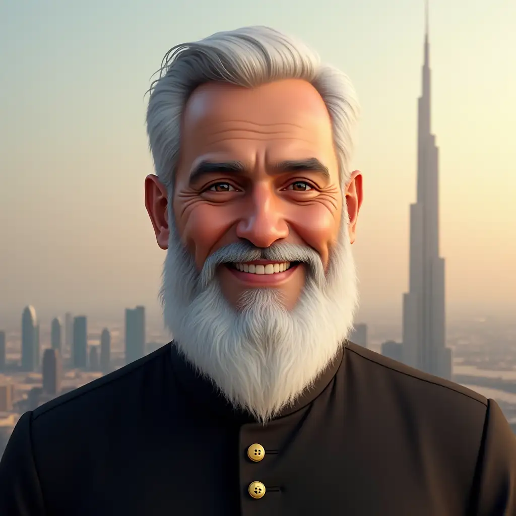 Older-Male-Avatar-in-Traditional-Black-Kurta-with-Scenic-Burj-Khalifa-Background