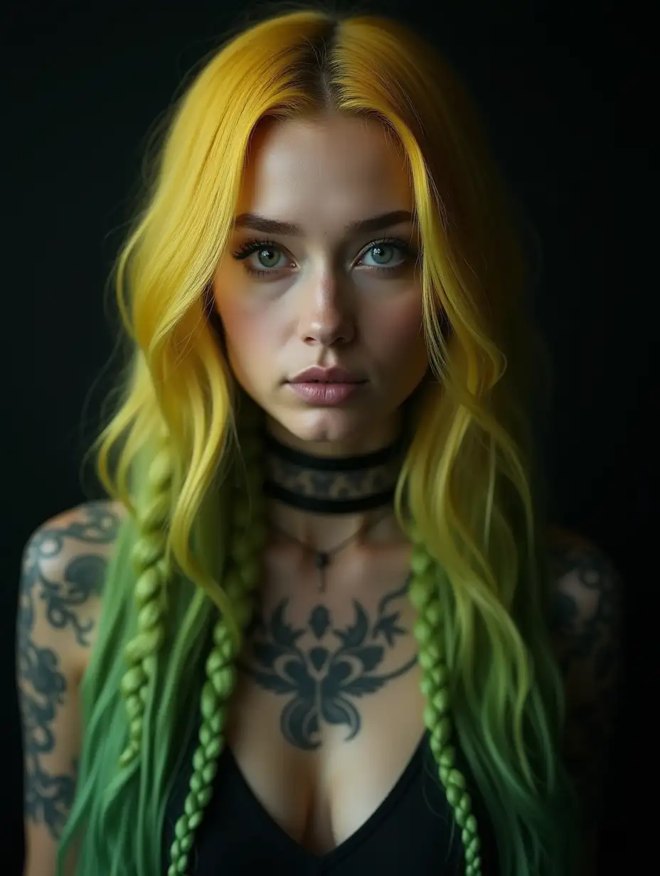 Depiction of a beautiful white woman with tattoo and long mixed yellow-green braided hair in a futuristic style Blurry black background (120mm) shot poster face